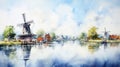 Delta Of Netherlands Watercolor Illustration Of Holland By The Water Side
