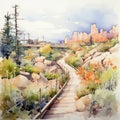 Hyperrealistic Watercolor Path With Vibrant Flowers And Plants