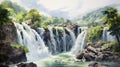 Waterfall Of India Watercolor Illustration