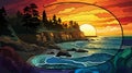 Psychedelic Sunset Over Cliff And Sea: Native American Inspired Art