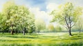 Watercolor Spring: Serene Pastoral Scenes Of Green Hills And Lime Trees