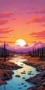 Vibrant Sunset Landscape Illustration With Lake In Red Sky