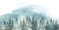 Watercolor painting, card, drawing. Coniferous forest. Winter countryside landscape. Blizzard,snowfall. Splash of blue abstract pa Royalty Free Stock Photo