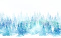 Watercolor painting, card, drawing. Coniferous forest. Winter countryside landscape. Blizzard,snowfall. Splash of blue abstract pa Royalty Free Stock Photo