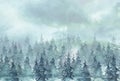 Watercolor painting, card, drawing. Coniferous forest. Winter countryside landscape. Blizzard,snowfall. Splash of blue abstract pa Royalty Free Stock Photo