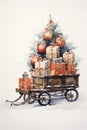 Watercolor painting of a cart filled with Christmas presents beside a decorated tree.