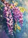 A watercolor painting of cascading wisteria flowers with various shades of purple blooms hanging from branches with Royalty Free Stock Photo