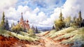 Watercolor Painting: Detailed Castle Illustration In Whimsical Anime Style