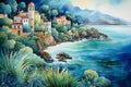 Watercolor painting of a castle on the shore of the sea. Beautiful mediterranean coastline landscape