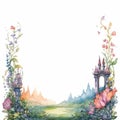 a watercolor painting of a castle surrounded by flowers and plants