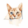a watercolor painting of a cat peeking out from behind a wall with its head peeking out of the corner of the wall, with its eyes Royalty Free Stock Photo