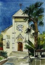 Watercolor painting of catholic church in Yalta, Ukraine