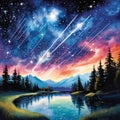 Watercolor Painting of Celestial Symphony During a Meteoric Overture