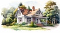 Photorealistic Watercolor Illustration Of Cottage In The Woods