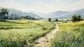 Watercolor Painting Of A Charming Hiking Path In A Meadow Royalty Free Stock Photo