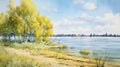 Watercolor Painting: Trees And Lake With Charming Rural Scenes