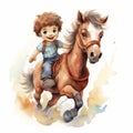 watercolor painting of a child boy riding on a horse on white background generative AI Royalty Free Stock Photo