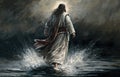 Watercolor painting, Christ walking on water, jesus walked on water, sea of galilee.