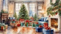 Watercolor painting of a Christmas decorated room.