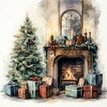 Watercolor painting: Christmas elegantly decorated fireplace, Christmas tree and New Year\'s gift boxes