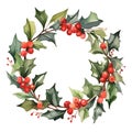 Watercolor painting of Christmas wreath with holly berries and green leaves Royalty Free Stock Photo