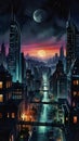 Watercolor Painting: Cinematic shot of a futuristic city under moonlight, with volumetric lighting and a dark atmosphere