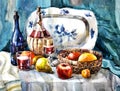 Watercolor painting. A classic painting. Depicts a wine and fruit Royalty Free Stock Photo