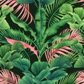 Watercolor painting coconut,banana,palm leaf,green ,pink leaves seamless pattern background.Watercolor summer illustration tropica Royalty Free Stock Photo