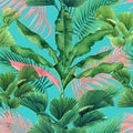 Watercolor painting coconut,banana,palm leaf,green ,pink leaves seamless pattern background.Watercolor summer illustration tropica Royalty Free Stock Photo