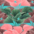 Watercolor painting coconut,palm leaf,green,pink,brown leaves seamless pattern background.Watercolor vintage summer illustration t Royalty Free Stock Photo