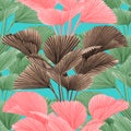 Watercolor painting coconut,palm leaf,green,pink,brown leaves seamless pattern background.Watercolor vintage summer illustration t Royalty Free Stock Photo