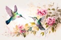 Watercolor painting of colibri birds, pink flowers and leaves on white background. Digital printable artwork