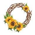 Watercolor painting colorful floral wreath with sunflowers, leaves, foliage, branches and place for your text. Royalty Free Stock Photo