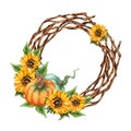 Watercolor painting colorful floral wreath with sunflowers, pumpkin, leaves, foliage, branches and place for your text.