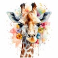 Watercolor Painting of a Colorful Flower Field with an Enchanting Baby Giraffe Wildlife Art Ideal for Art Prints and Greeting
