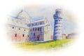 Watercolor painting colorful Leaning tower of Pisa, Italy