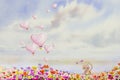 Watercolor painting colorful pink heart hot air balloon with cat Royalty Free Stock Photo