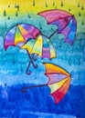 Watercolor painting with colorful rainbow umbrellas, raindrops and water. Royalty Free Stock Photo