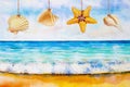 Watercolor painting colorful of sea beach and shell. Royalty Free Stock Photo