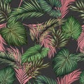 Watercolor painting colorful tree tropical leaves seamless pattern background.Watercolor hand drawn illustration tropical exotic l Royalty Free Stock Photo