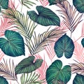 Watercolor painting colorful tropical green,pink leaves seamless pattern background.Watercolor hand drawn illustration tropical ex Royalty Free Stock Photo