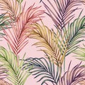 Watercolor painting colorful tropical green,pink leaves seamless pattern background.Watercolor hand drawn illustration tropical ex Royalty Free Stock Photo