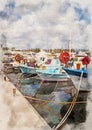 Watercolor painting of colourful traditional fishing boats moored in the harbour in paphos cyprus