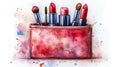 Watercolor Makeup Set Lipsticks and Brushes in a Red Pouch Royalty Free Stock Photo