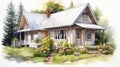 Watercolor Painting Of Cottage With Flowers In Lilia Alvarado Style