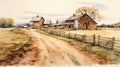 Watercolor Painting Of Farmland With Barns On Country Road Royalty Free Stock Photo