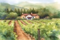 Watercolor painting of a country house in a vineyard. Rural landscape.