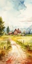 Golden Meadow Lane: Hyper Realistic Watercolor Landscape With Barn And Road