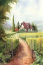 Watercolor painting of a country road through the vineyard in the countryside.