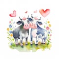 Watercolor painting of a couple of cows in love in nature with flowers kids style Generative AI Illustration Royalty Free Stock Photo